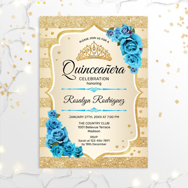 Quinceanera - Guld Rand Blue Inbjudningar (Skapare uppladdad)