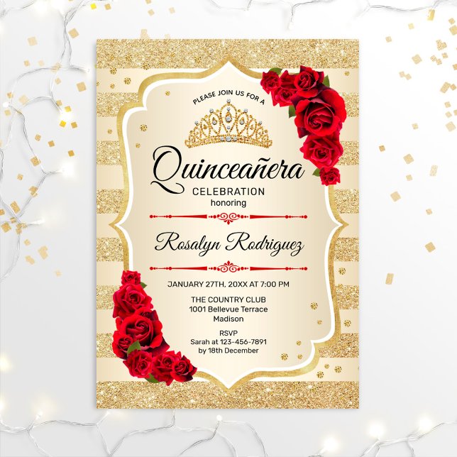 Quinceanera - Guld Rand Red Inbjudningar (Skapare uppladdad)