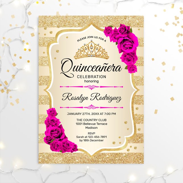 Quinceanera - Guld Rand Rosa Inbjudningar (Skapare uppladdad)