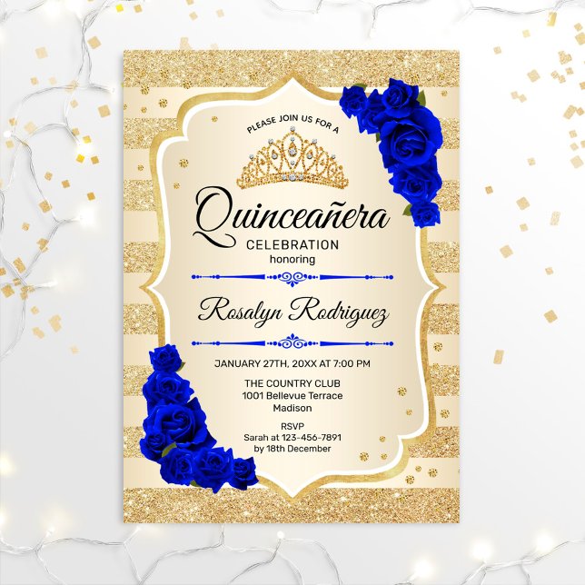 Quinceanera - Guld Rand Royal Blue Inbjudningar (Skapare uppladdad)