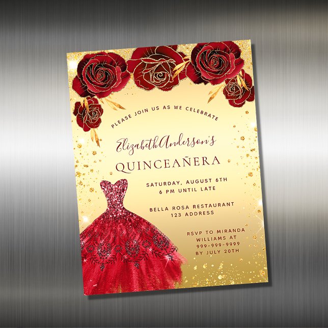Quinceanera guld red dress Kallelse magnet (Skapare uppladdad)