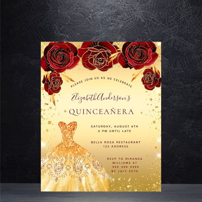 Quinceanera guld red glitter dress blommigt budget flygblad (Skapare uppladdad)