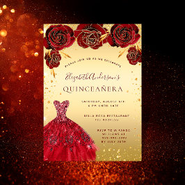 Quinceanera guld red glitter dress blommigts inbjudningar
