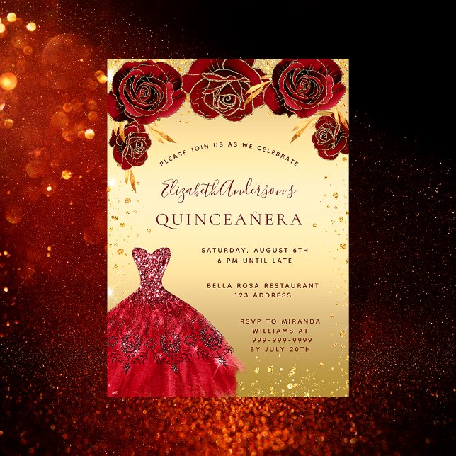 Quinceanera guld red glitter dress blommigts inbjudningar (Skapare uppladdad)