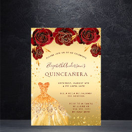 Quinceanera guld red glitter dress blommigts inbjudningar
