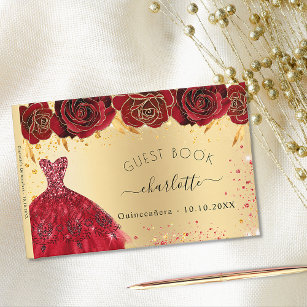 Quinceanera guld röd klänningsblomma glitter gästböcker