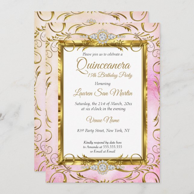 Quinceanera Guld Rosa Diamond Photo Födelsedagsfes Inbjudningar (Fram/baksida)