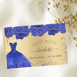 Quinceanera guld royal blåblommor glitter gästböcker