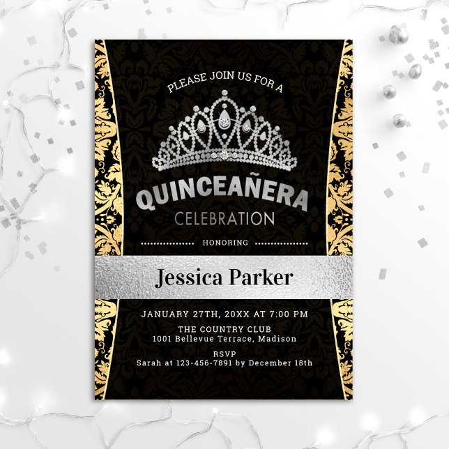 Quinceanera Guld Silver Black Inbjudningar (Skapare uppladdad)