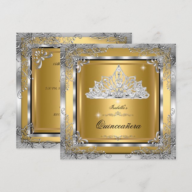 Quinceanera Guld Silver Diamant Tiara 15-årsfirand Inbjudningar (Fram/baksida)