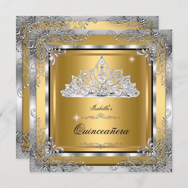 Quinceanera Guld Silver Diamond Tiara 15 Party Inbjudningar (Fram/baksida)
