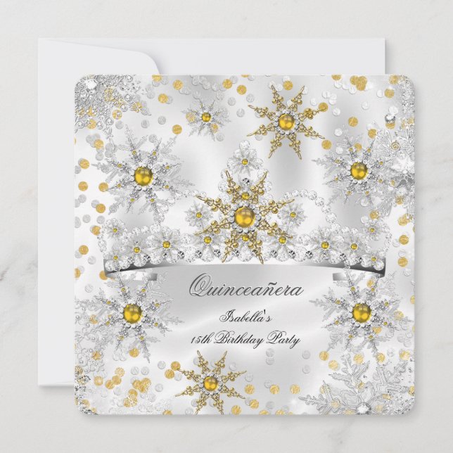 Quinceanera Guld Silver Snö Vinter Värld Inbjudningar (Framsida)