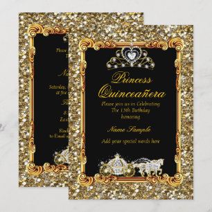 Quinceanera Guld Svart Hästkärrra Saga Inbjudningar