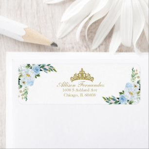Quinceanera Guld Tiara Baby blue Blommigt Returadress Etikett