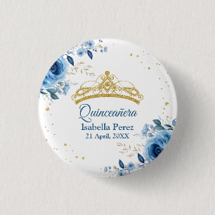 Quinceanera Guld Tiara Glitter och Blå Blommig Knapp