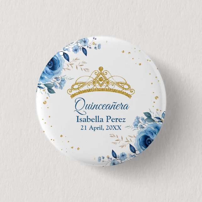 Quinceanera Guld Tiara Glitter och Blå Blommig Knapp (Framsida)