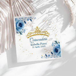 Quinceanera Guld Tiara Glitter och Blue Blommigt Pappersservett