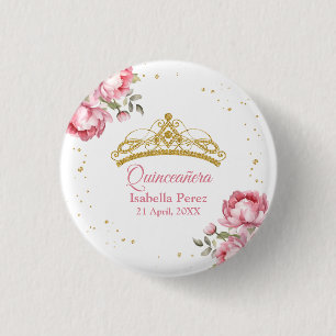 Quinceanera Guld Tiara Glitter och Rosa Blommor Knapp