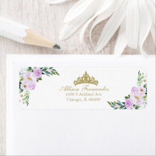 Quinceanera Guld Tiara Lila Lilac Blommigt Returadress Etikett