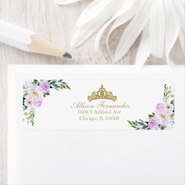 Quinceanera Guld Tiara Lila Lilac Blommigt Returadress Etikett (Insitu)