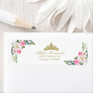 Quinceanera Guld Tiara Varmt Rosa Blommig Etikett Returadress Etikett