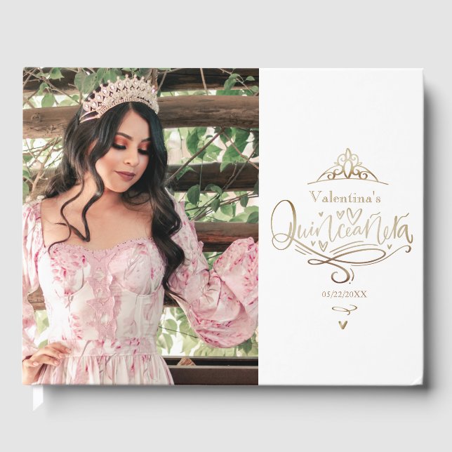 Quinceañera guld vit fotogästbok gästböcker (Framsida)
