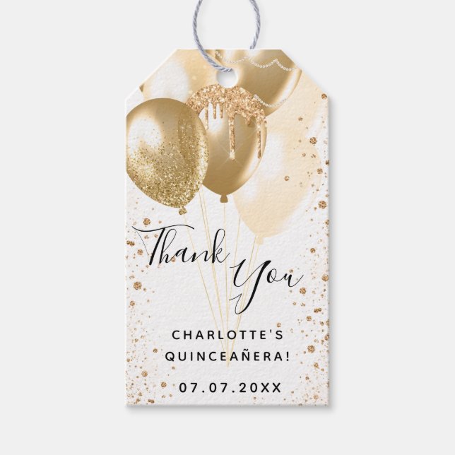 Quinceanera guld, vit glitter tack presentetikett (Framsidan)