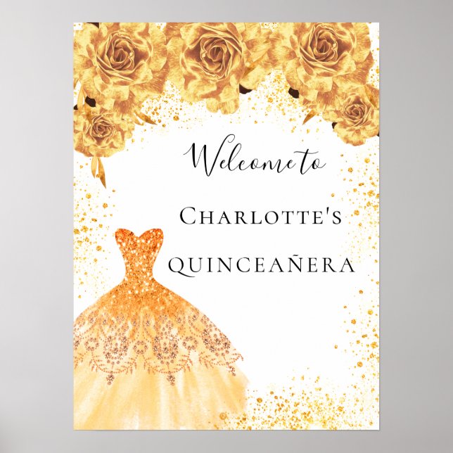 Quinceanera guld, vit klänning blommigt party välk poster (Framsidan)
