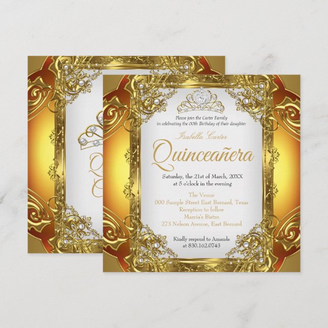 Quinceanera Guld Vit Pärl Spets Tiara Födelsedag Inbjudningar (Fram/baksida)