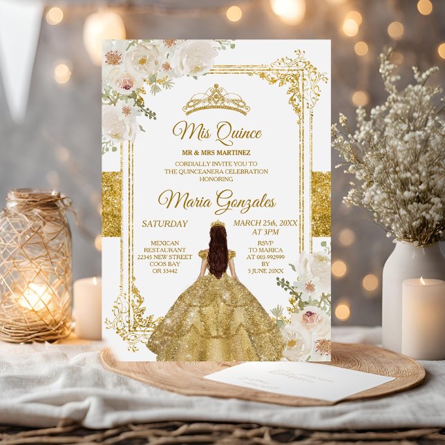 Quinceanera Guld & White Blommigt Birthday Krona Inbjudningar (Skapare uppladdad)