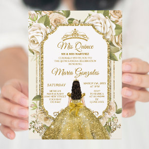 Quinceanera Guld & White Blommigt Birthday Krona Inbjudningar