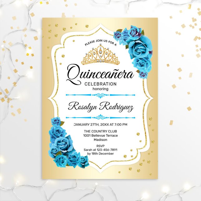 Quinceanera - Guld White Blue Inbjudningar (Skapare uppladdad)