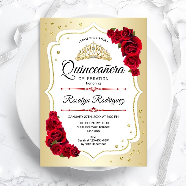 Quinceanera - Guld White Red Inbjudningar (Skapare uppladdad)