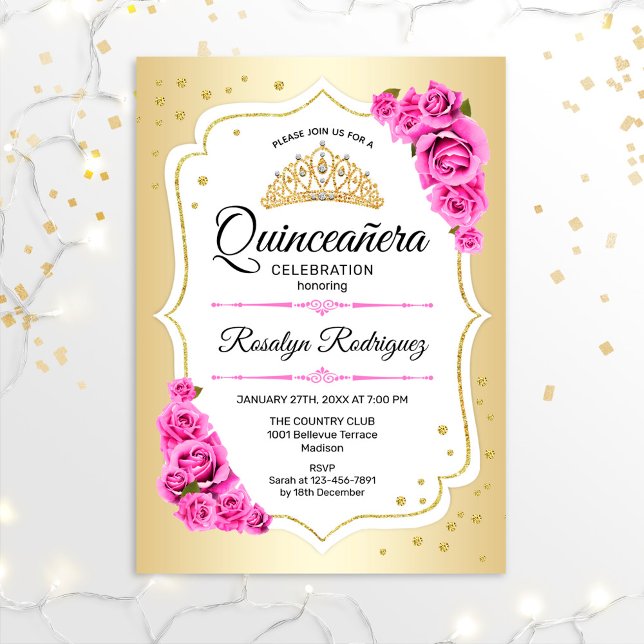 Quinceanera - Guld White Rosa Inbjudningar (Skapare uppladdad)