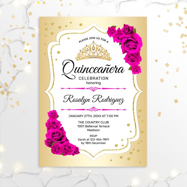 Quinceanera - Guld White Rosa Inbjudningar (Skapare uppladdad)
