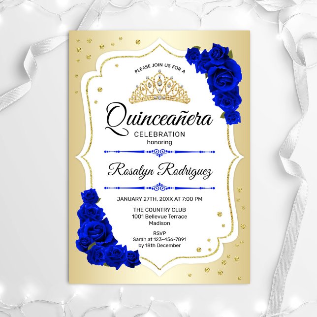 Quinceanera - Guld White Royal Blue Inbjudningar (Skapare uppladdad)