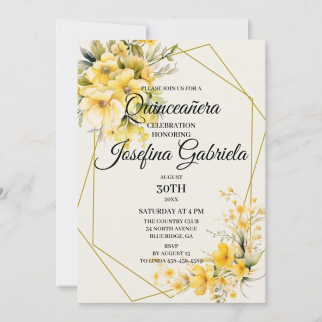 Quinceañera guldfärgad inbjudan (Framsida)