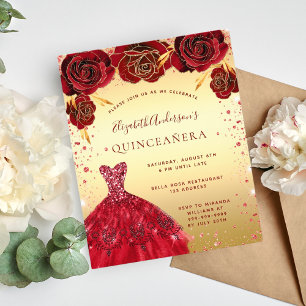 Quinceañera guldröd glitterklänning blomster budge flygblad