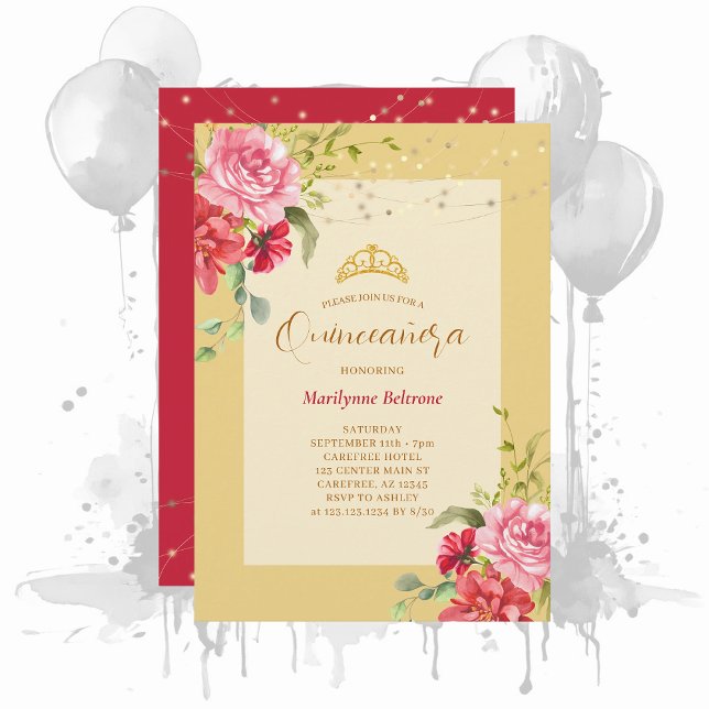 Quinceañera Gult Blommigt Guld-inbjudan Inbjudningar (Skapare uppladdad)