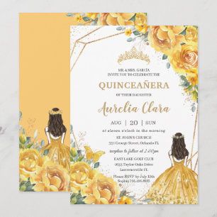 Quinceañera Gult Blommigt Guld Princess 15 Anos in Inbjudningar