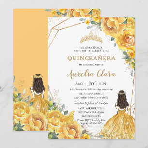 Quinceañera Gult Blommigt Guld Princess 15 Anos Inbjudningar
