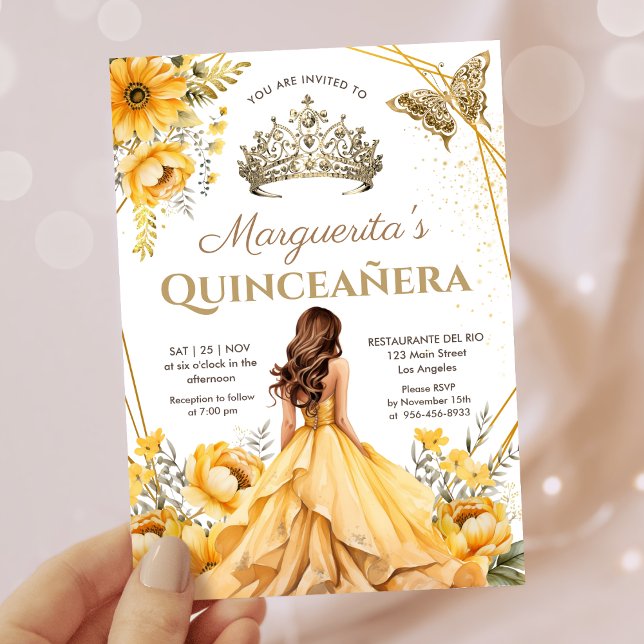 Quinceañera Gult Blommigt Guld Tiara Princess Inbjudningar (Skapare uppladdad)