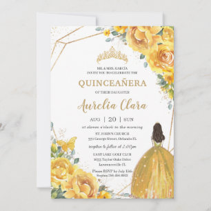 Quinceañera Gult Blommigt Princess Krona Birthday Inbjudningar