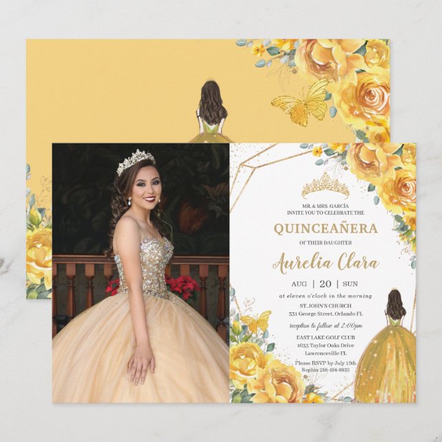 Quinceañera Gult Blommigt Princess Krona Birthday Inbjudningar (Fram/baksida)