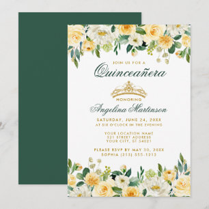 Quinceanera Gult Grönt Blommigt Guld Krona Inbjuda Inbjudningar
