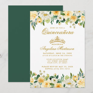 Quinceanera Gult Guld Grönt Blommigt Krona Inbjuda Inbjudningar