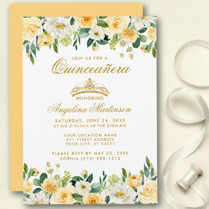 Quinceanera Gult Guld Vita Blommigten Krona Inbjud Inbjudningar