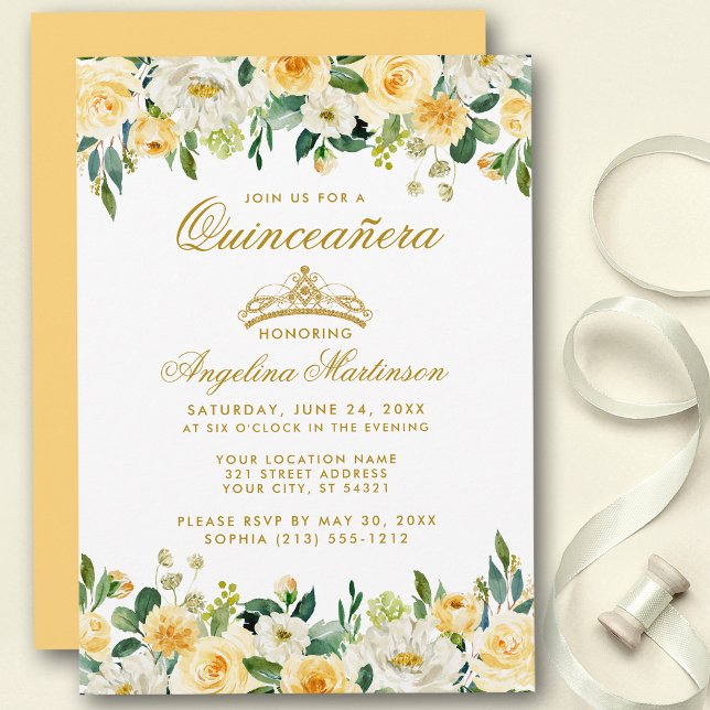 Quinceanera Gult Guld Vita Blommigten Krona Inbjud Inbjudningar (Customize to change text color, style, add text & photos to back or change color of back of card.)
