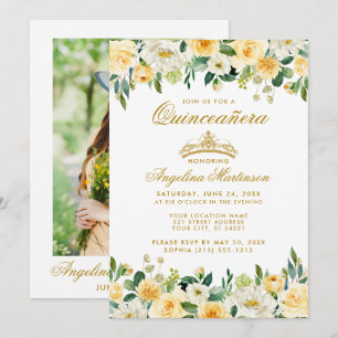 Quinceanera Gult Guld White Blommigt Krona Photo Inbjudningar