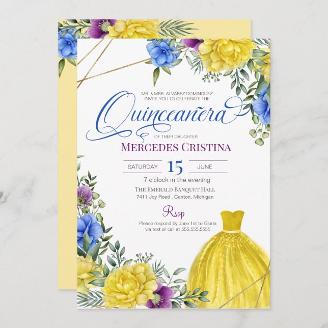 Quinceañera-Gulten Dress briljor Inbjudningar (Fram/baksida)